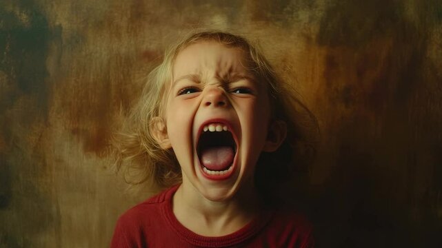 Angry child screaming with mouth wide open showing emotion frustration and anger face expression blonde wearing red shirt against dark textured background dramatic lighting intense emotion