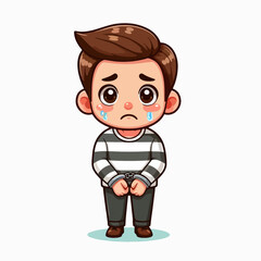 Obraz premium Cartoon illustration of a small boy in striped pajamas, handcuffed and visibly upset, with tears streaming down his face. He is standing against a plain white background.
