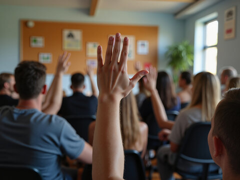 Hands are raised in a crowd during a discussion about aging population and technology, highlighting the engagement and interest of diverse individuals in this important topic