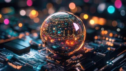 Crystal sphere rests on circuit board, reflecting vibrant city lights
