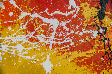 Abstract expressive splatter painting in red, yellow, and white with chaotic energy and contrast