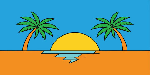 Obraz premium Golden sun setting over a tropical island beach with palm trees and ocean waves, a perfect summer vacation paradise