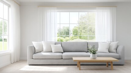 Modern living room interior featuring a cozy gray sofa with decorative pillows, a wooden coffee table, and large windows allowing natural light