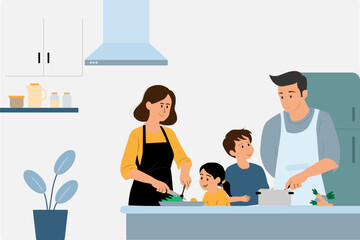 Happy family cooking at home,Domestic activity concept,Modern vector flat design,minimal interior