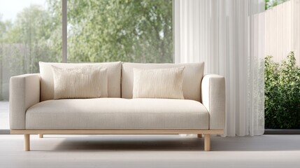 Modern beige sofa with soft cushions in bright living room, featuring large windows and greenery, creating a serene and inviting atmosphere