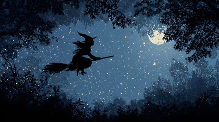 Naklejka premium Halloween theme: A silhouette of a witch flying on a broomstick against the backdrop of a night sky, a full moon, and an arch of bushes
