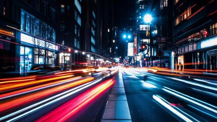 A city street at night with cars driving by and lights shining on the road. Concept of movement and energy, as the cars are moving quickly and the lights are creating a dynamic atmosphere - Powered by Adobe