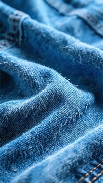 Close-up of Blue Denim Fabric with Textured Weave and Folds