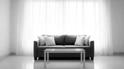 Modern living room interior featuring a stylish gray sofa with decorative pillows and a glass coffee table, illuminated by natural light from large windows