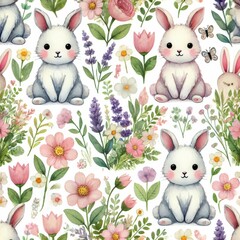 Seamless pattern of cute cartoon rabbits surrounded by spring flowers and butterflies on white background. Watercolor illustration. 