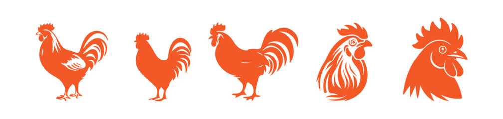 Set of Stylized Rooster Head Silhouettes in Orange