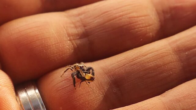 A jumping spider holding a fly prey while crawling on a human hand. A silk thread trails from its abdomen as a safety line. A rare macro wildlife moment showing hunting instincts and survival.