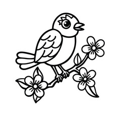 Charming Cartoon Bird on Branch with Flowers - Simple Black and White Line Art Illustration for Nature and Spring Themes
