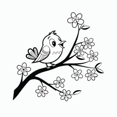Delightful Cartoon Bird Perched on Flowering Branch - Black and White Spring Nature Illustration Vector