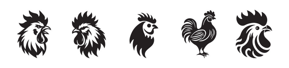 Set of Stylized Rooster Head Silhouettes in Black