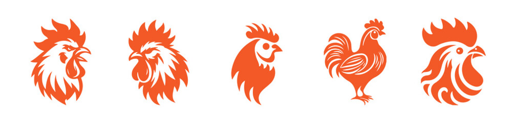 Set of Stylized Rooster Head Silhouettes in Orange