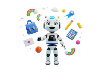 Cute Cartoon Robot Surrounded by Colorful School Supplies and Toys Isolated on White Background