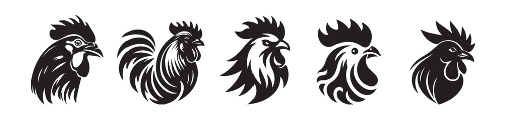 Set of Stylized Rooster Head Silhouettes in Black