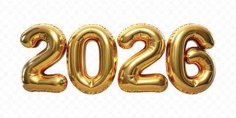 realistic 3d 2026 text made with different gold colour  hellium balloon isolated on transparent background