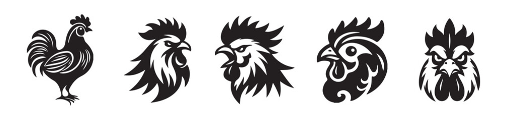 Set of Stylized Rooster Head Silhouettes in Black