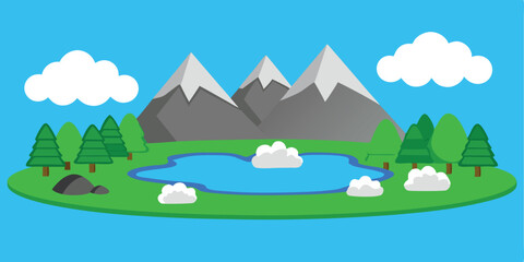 Vector nature landscape with a cartoon house and green trees under a summer sky