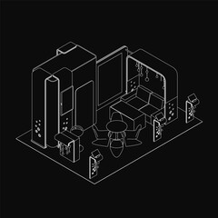 A black and white line drawing of a reception area features a desk, chair, and scattered objects against a dark background. The clean outline style emphasizes simplicity and modern design.