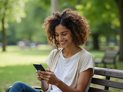 A young caucasian woman sits on a park bench, smiling while using her smartphone, showcasing the intersection of aging population and technology in a vibrant outdoor environment