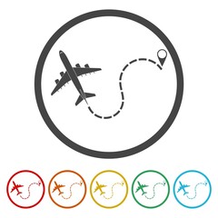 Airplane line path icon. Set icons in color circle buttons