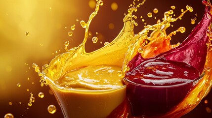 Honey mustard, beetroot sauce, and hot sauce in a dynamic splash of yellow-gold, deep magenta, and red-orange, captured in