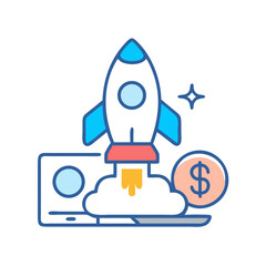 Rocket Launch with Laptop and Dollar Symbol on Black