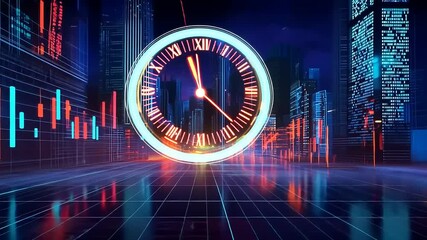 Futuristic cityscape with a glowing clock and digital elements showcasing time and technology - Powered by Adobe