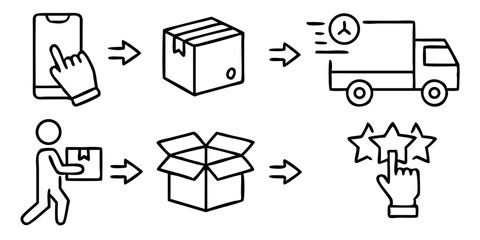 click to buy and collect order icon in line style, delivery truck services steps, receive order, review order, online store business concept, vector illustration
