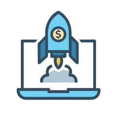 Laptop screen showing rocket ship with dollar sign launch