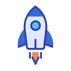 Bold, flat icon illustration of launching rocket on black background