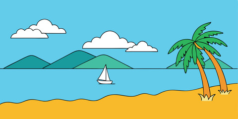 Tropical island paradise with a sandy beach, palm trees, and a clear blue ocean under a summer sky