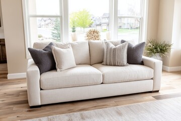Cozy modern sofa with decorative pillows in a bright living room, featuring large windows and natural light illuminating the space