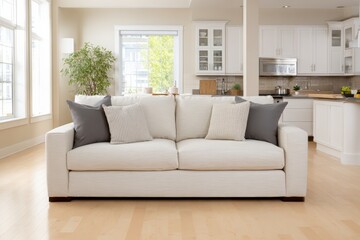 Cozy modern living room featuring a stylish white sofa with decorative pillows, bright natural light streaming through large windows, inviting atmosphere