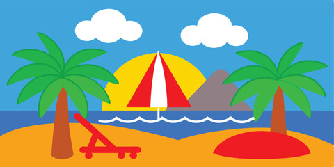 Obraz premium Tropical paradise beach with palm trees, sun, and clear ocean water