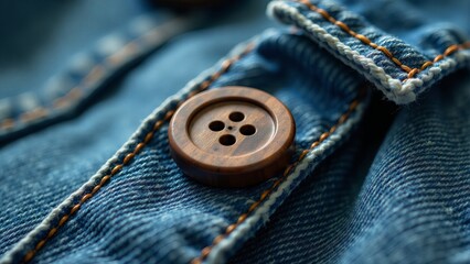 Brown Wooden Button on Blue Denim Fabric
