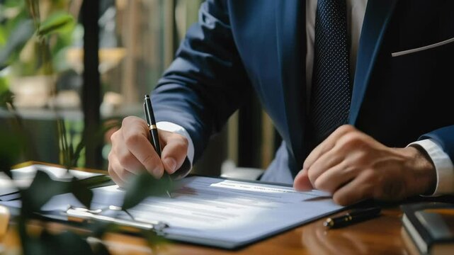 A man in a suit is writing on a piece of paper. He is wearing a tie and he is in a professional setting. Concept of formality and seriousness, as the man is dressed in a suit