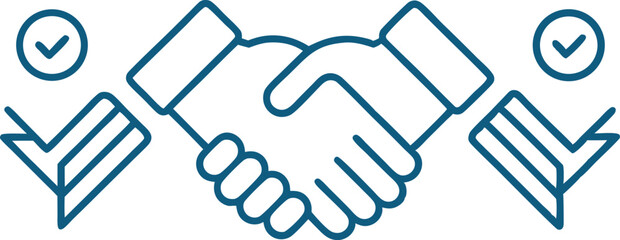 Handshake Deal Icon: Blue Outline, Agreement Symbol, Business Partnership, Success, Approval, Checkmark, Vector Illustration