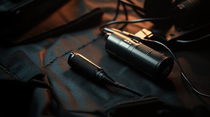 A close up shot of two black microphones with wires on a dark surface with some lighting effects