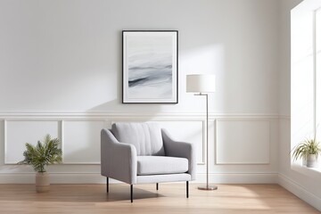 Modern living room interior featuring a stylish gray armchair, elegant floor lamp, and abstract artwork on the wall, creating a serene atmosphere