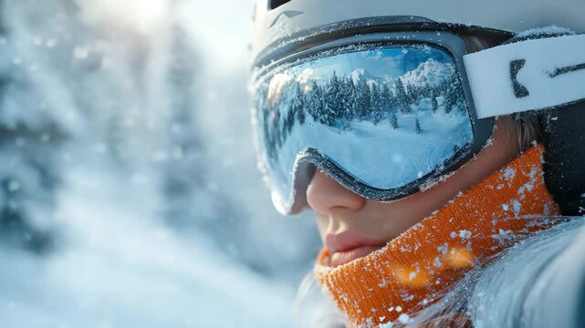 Close up ski goggles helmet snow reflection mountain cold outdoor sport winter scarf frost adventure nature landscape travel activity recreation winterwear snowflakes forest blue cold weather