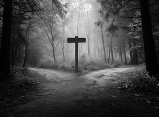 A monochrome image of a forest path diverging at a signpost under a foggy atmosphere in the woods