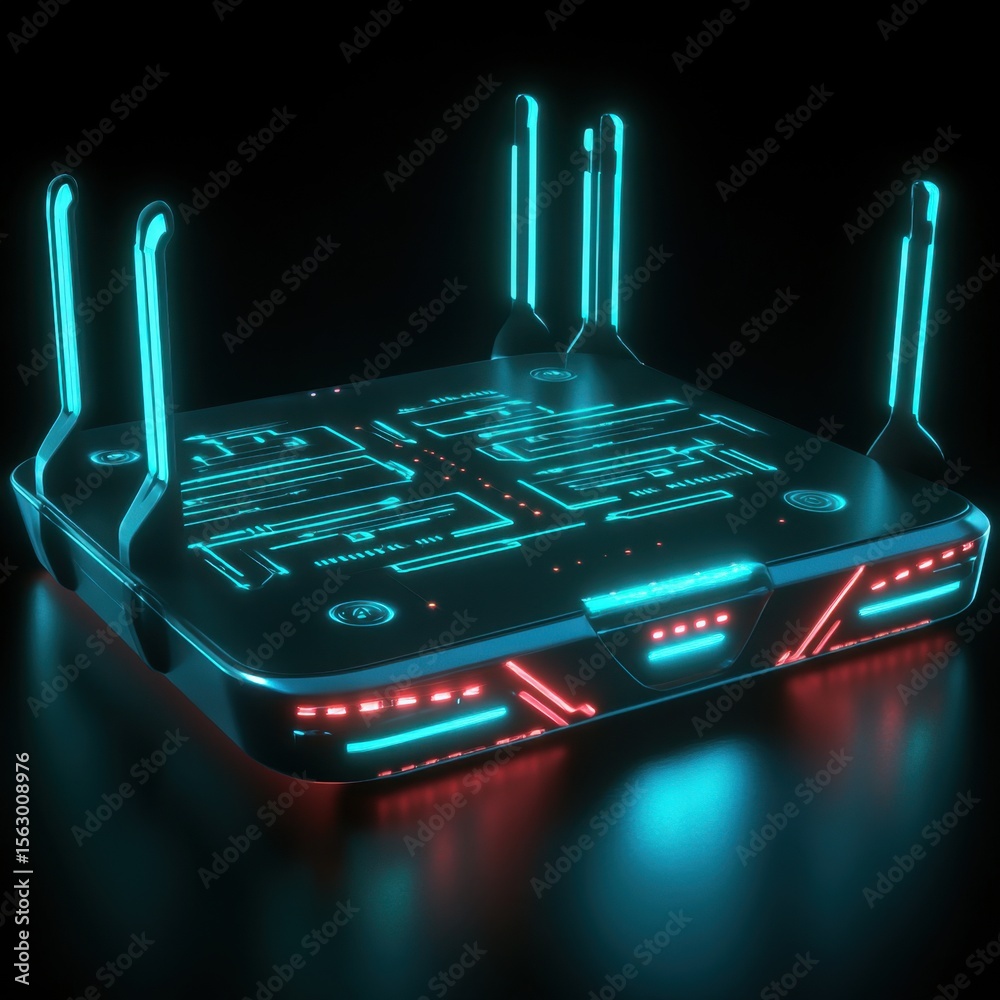 Fototapete futuristic device with glowing blue and red lights on a dark surface in a studio setting