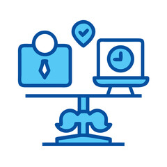 Work-life balance icon showing computer and worker on scale