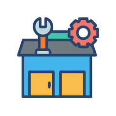 Simple cartoon garage with tools gear illustration on black