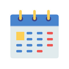 Flat calendar icon in blue, yellow, and red tones