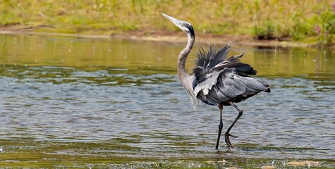 Great Blue Heron in Shallow River